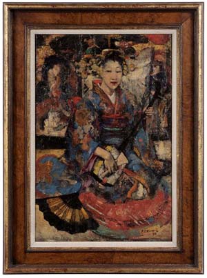 Brunk Auctions devoted an entire page in the color catalog to Edward Atkinson Hornel’s Music in Japan, a 24 ¼” X 15-7/8” oil on canvas painting of a seated shamisen player. The 1894 painting opened at its reserve of $22,000 and sold to a phone bidder for $114,000. Image courtesy of Brunk Auctions.